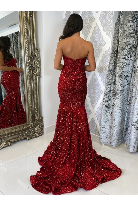 Sleeveless Burgundy Sweetheart Velvet Sequin Sheath Evening Dress Brighton