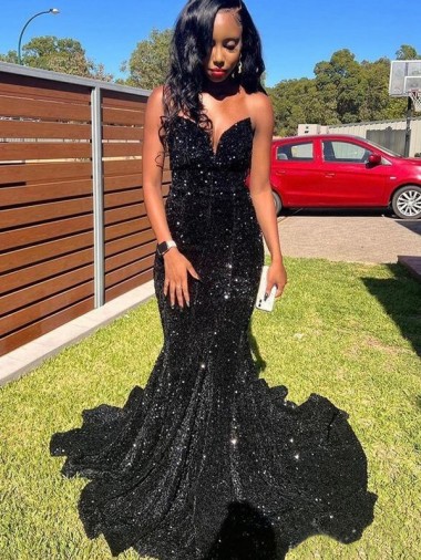Sleeveless Black Sweetheart Velvet Sequin Mermaid Prom Dress Brighton