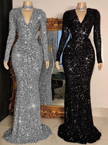 Long Sleeves V-Neck Velvet Sequin Sheath Prom Dress Brighton
