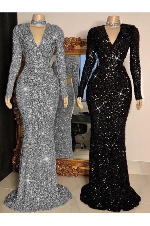 Long Sleeves V-Neck Velvet Sequin Sheath Prom Dress Brighton