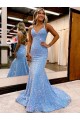 Sleeveless Periwinkle V-Neck Velvet Sequin Sheath Evening Gown Brighton