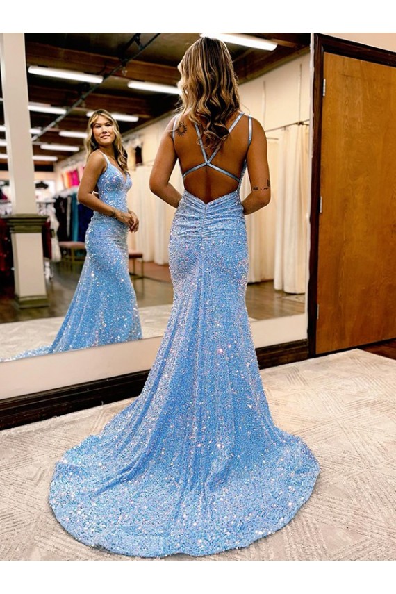 Sleeveless Periwinkle V-Neck Velvet Sequin Sheath Evening Gown Brighton