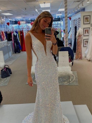 Sleeveless V-Neck Velvet Sequin Sheath Prom Dresses Brighton