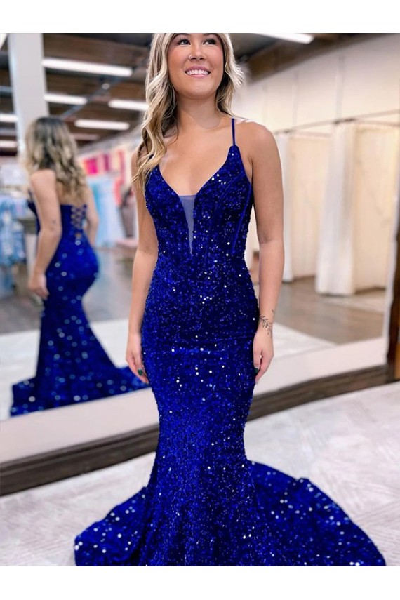 Sleeveless V-Neck Velvet Sequin Mermaid Prom Dress Brighton