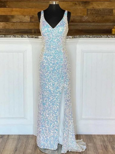 Sleeveless V-Neck Velvet Sequin Sheath Evening Gown / Prom Dress Brighton