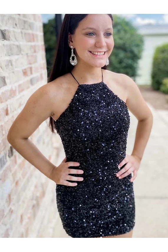 Sleeveless Halter Neck Velvet Sequin Sheath Prom Dress Brighton