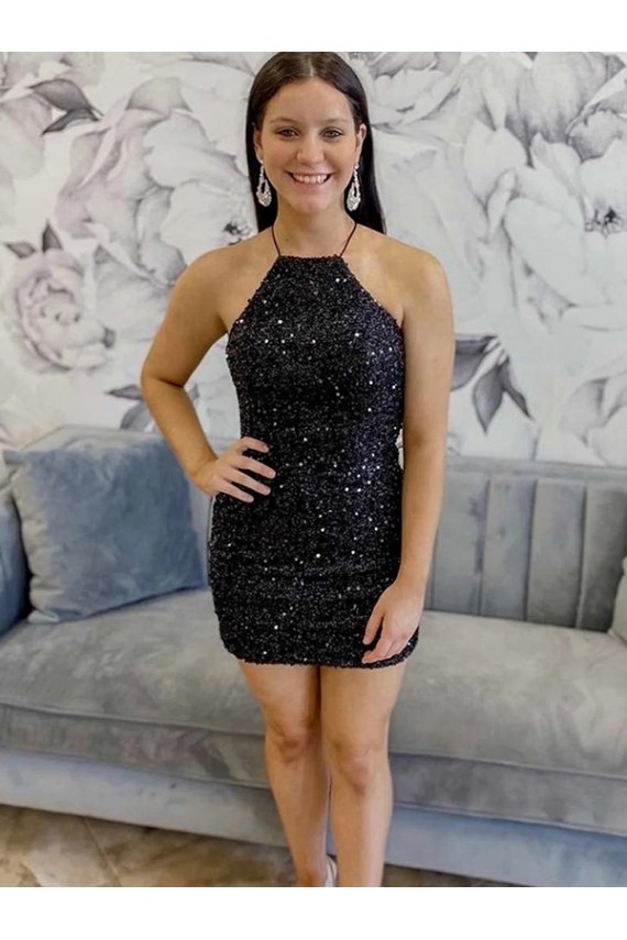 Sleeveless Halter Neck Velvet Sequin Sheath Prom Dress Brighton