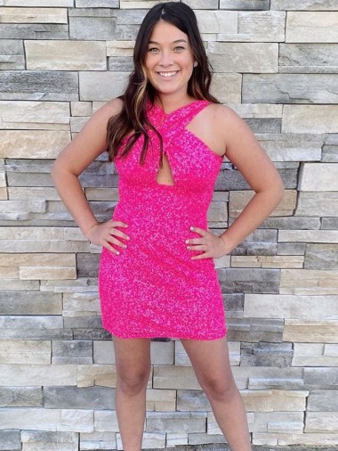 Sleeveless Halter Neck Velvet Sequin Sheath Homecoming Dress Brighton