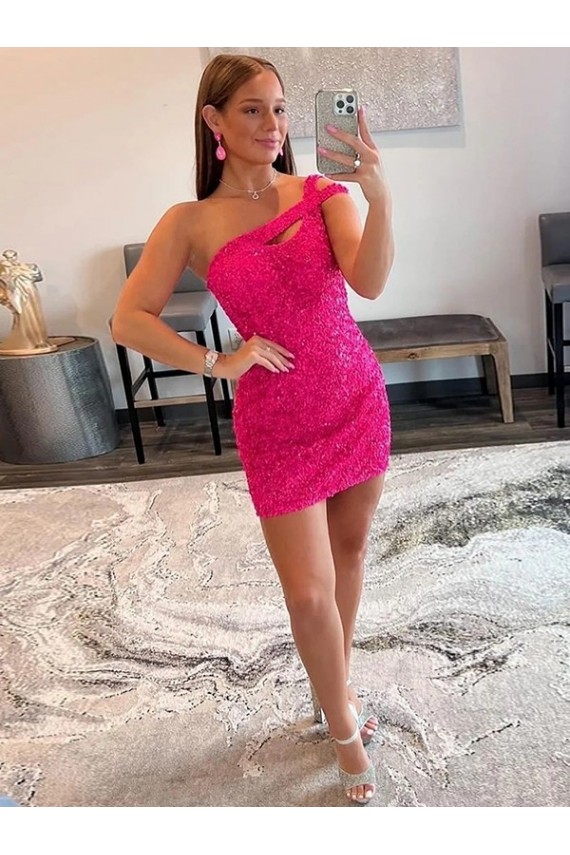 Sleeveless Fuchsia One Shoulder Velvet Sequin Sheath Prom Dresses Brighton