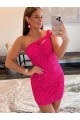 Sleeveless Fuchsia One Shoulder Velvet Sequin Sheath Prom Dresses Brighton