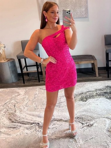 Sleeveless Fuchsia One Shoulder Velvet Sequin Sheath Prom Dresses Brighton