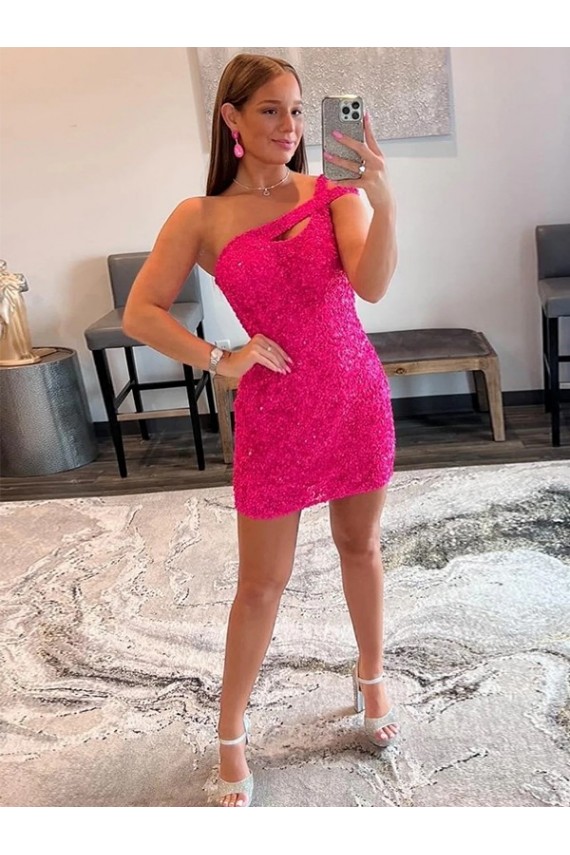 Sleeveless Fuchsia One Shoulder Velvet Sequin Sheath Prom Dresses Brighton