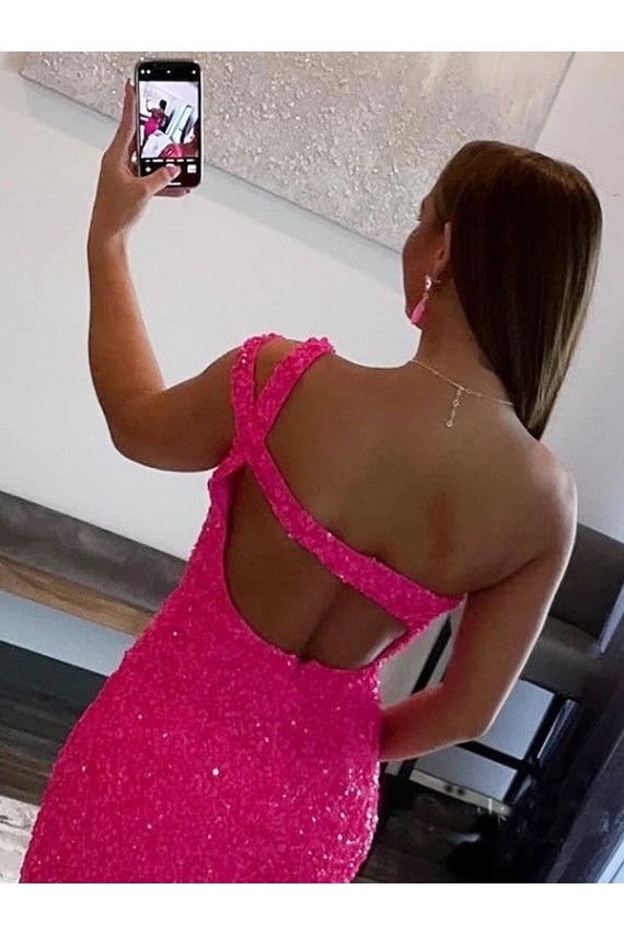 Sleeveless Fuchsia One Shoulder Velvet Sequin Sheath Prom Dresses Brighton