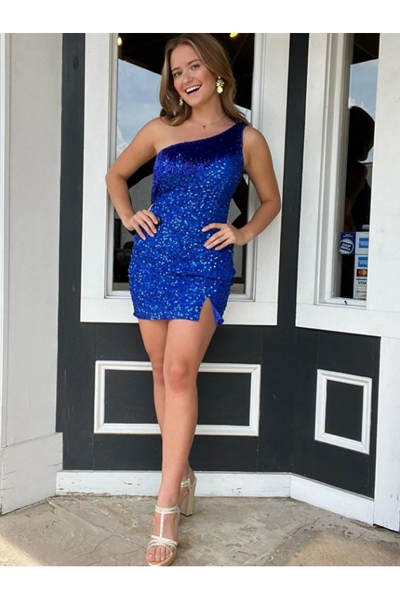 Sleeveless One Shoulder Velvet Sequin Sheath Homecoming Dresses Brighton