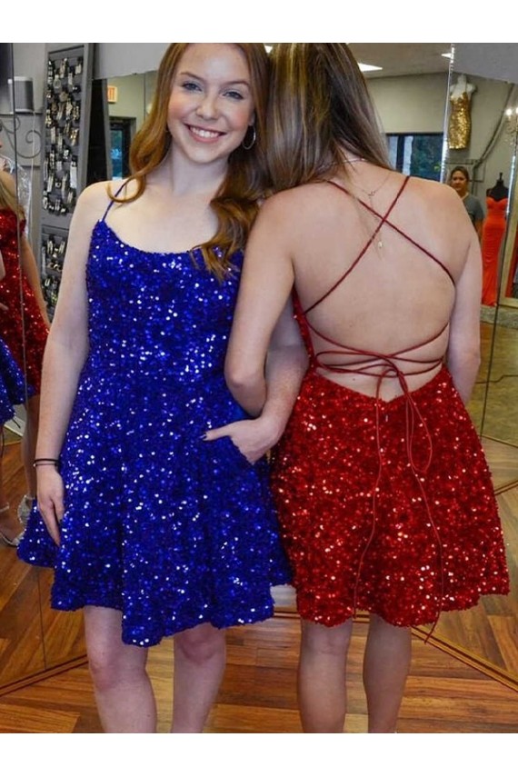 Sleeveless Spaghetti Straps Velvet Sequin A-Line Prom Dress Brighton