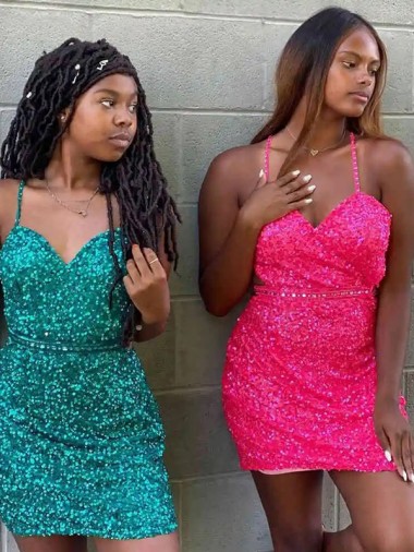 Sleeveless Dark Green V-Neck Velvet Sequin Sheath Prom Dress Brighton
