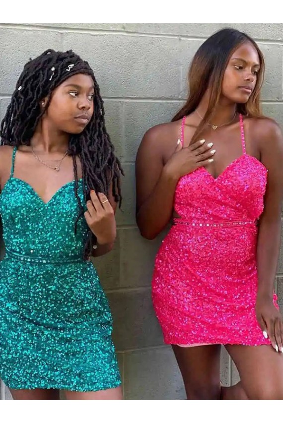 Sleeveless Dark Green V-Neck Velvet Sequin Sheath Prom Dress Brighton