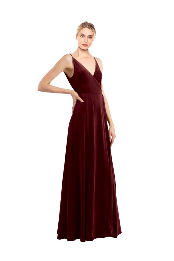 Sleeveless Burgundy V-Neck V-Back Stretch Velvet A-Line Bridesmaid Dress / Evening Dress Brighton