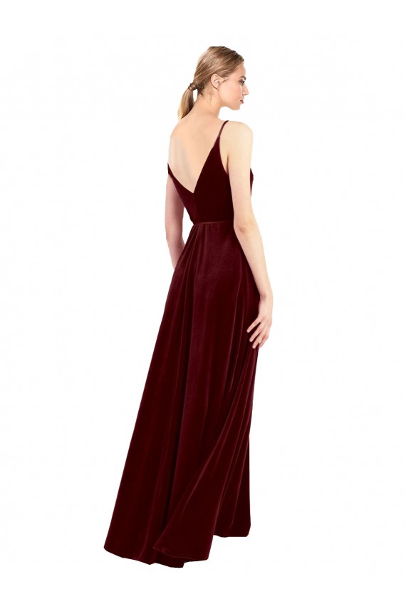 Sleeveless Burgundy V-Neck V-Back Stretch Velvet A-Line Bridesmaid Dress / Evening Dress Brighton