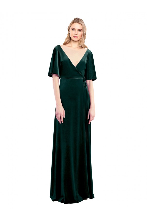 Flutter Sleeves V-Neck V-Back Stretch Velvet A-Line Prom Dress / Bridesmaid Dress Brighton