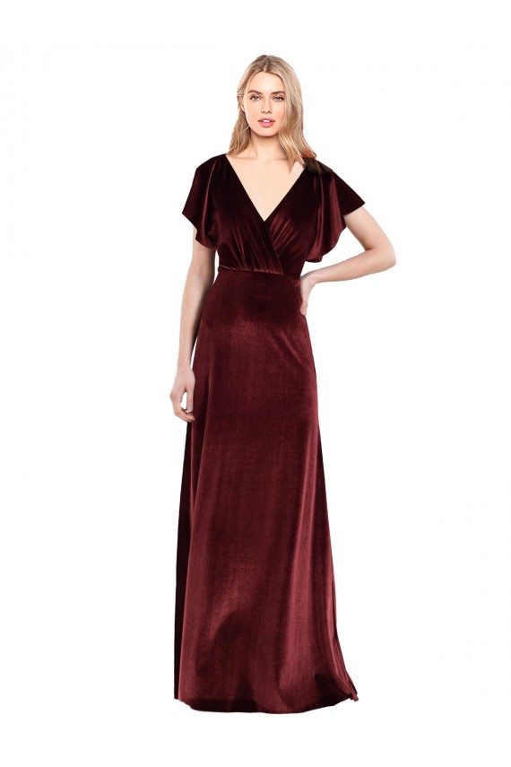Flutter Sleeves V-Neck Open Back Stretch Velvet A-Line Prom Dress / Bridesmaid Dress Brighton