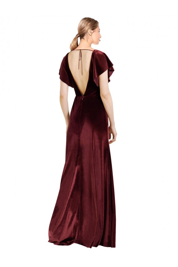 Flutter Sleeves V-Neck Open Back Stretch Velvet A-Line Prom Dress / Bridesmaid Dress Brighton