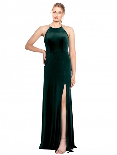 Sleeveless Dark Green Spaghetti Straps Keyhole Back Stretch Velvet A-Line Prom Dress / Bridesmaid Dress Brighton