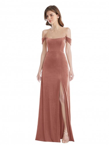 Sleeveless Cinnamon Rose Off the Shoulder Stretch Velvet A-Line Semi Formal Evening Dress / Prom Dress / Bridesmaid Dress Brighton