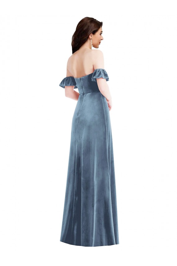 Ruffle Sleeves Off the Shoulder Low Back Stretch Velvet A-Line Formal Dress / Bridesmaid Dress Brighton