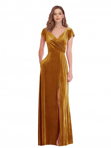 Cap Sleeves V-Neck Stretch Velvet Sheath Formal Evening Gown / Prom Dress / Bridesmaid Dress Brighton