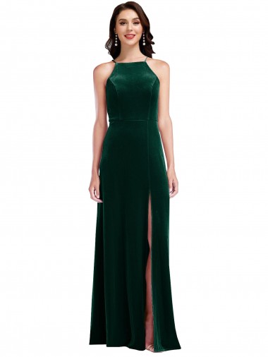 Sleeveless Halter Neck Stretch Velvet A-Line Semi Formal Evening Dress / Prom Dress / Bridesmaid Dress Brighton