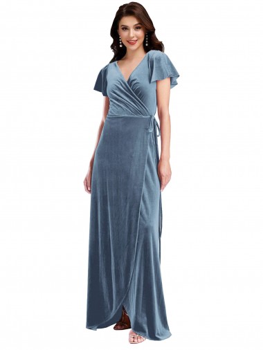 Flutter Sleeves V-Neck Stretch Velvet A-Line Black Tie Evening Gown / Prom Dress / Bridesmaid Dress Brighton