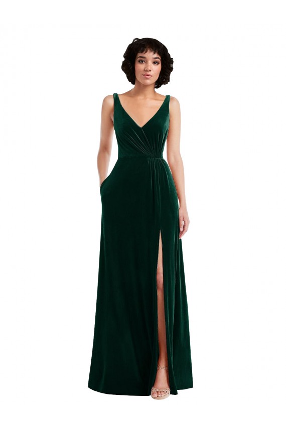 Sleeveless Dark Green V-Neck V-Back Stretch Velvet A-Line Bridesmaid Dress / Evening Dress Brighton