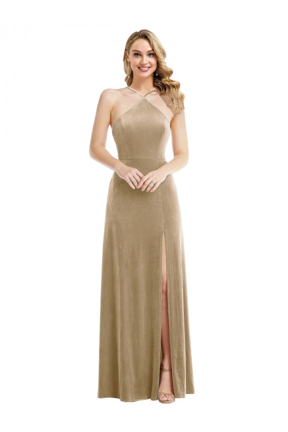Sleeveless Halter Neck Open Back Stretch Velvet A-Line Semi Formal Evening Dress / Prom Dress / Bridesmaid Dress Brighton