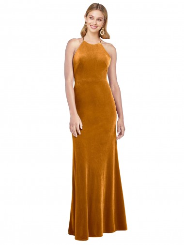 Sleeveless Halter Neck Criss Cross Open Back Stretch Velvet A-Line Formal Evening Gown / Prom Dress / Bridesmaid Dress Brighton