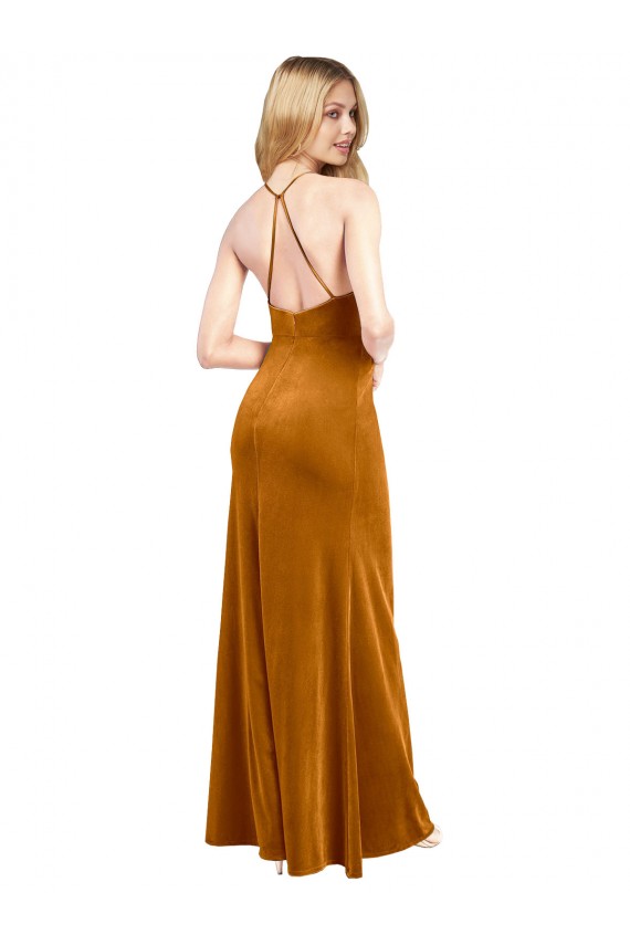 Sleeveless Halter Neck Criss Cross Open Back Stretch Velvet A-Line Formal Evening Gown / Prom Dress / Bridesmaid Dress Brighton