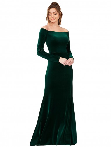 Long Sleeves Off the Shoulder Stretch Velvet Sheath Formal Evening Gown / Prom Dress / Bridesmaid Dress Brighton