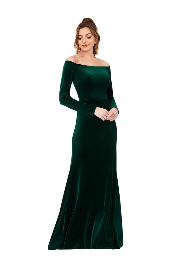 Long Sleeves Off the Shoulder Stretch Velvet Sheath Formal Evening Gown / Prom Dress / Bridesmaid Dress Brighton