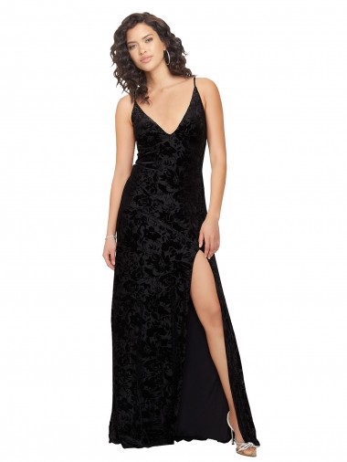 Sleeveless V-Neck Open Back Floral Velvet & Stretch Velvet Sheath Bridesmaid Dress Brighton