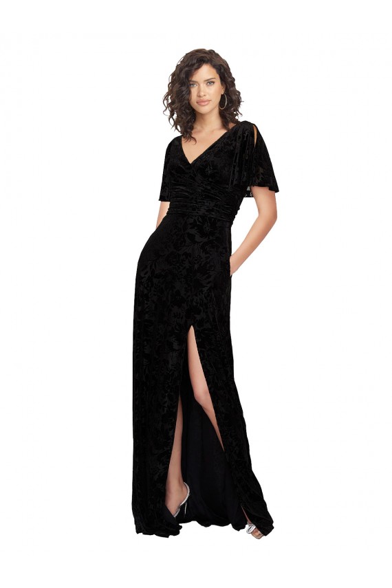 Short Split Sleeves V-Neck V-Back Floral Velvet & Stretch Velvet A-Line Bridesmaid Dress Brighton