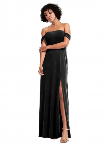 Sleeveless Black Off the Shoulder Stretch Velvet A-Line Formal Evening Gown / Prom Dress / Bridesmaid Dress Brighton