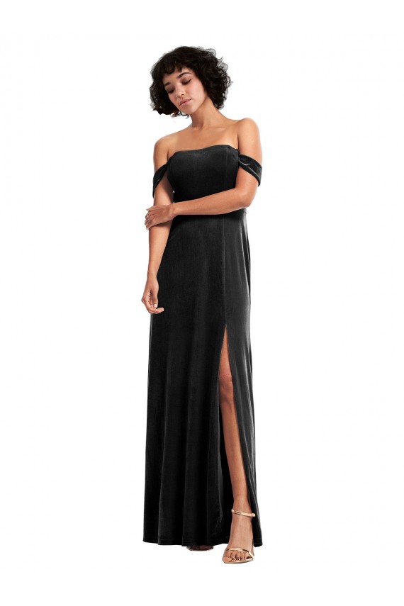 Sleeveless Black Off the Shoulder Stretch Velvet A-Line Formal Evening Gown / Prom Dress / Bridesmaid Dress Brighton