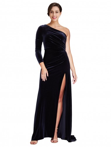 Long Sleeves One Shoulder Stretch Velvet A-Line Formal Evening Gown / Prom Dress / Bridesmaid Dress Brighton